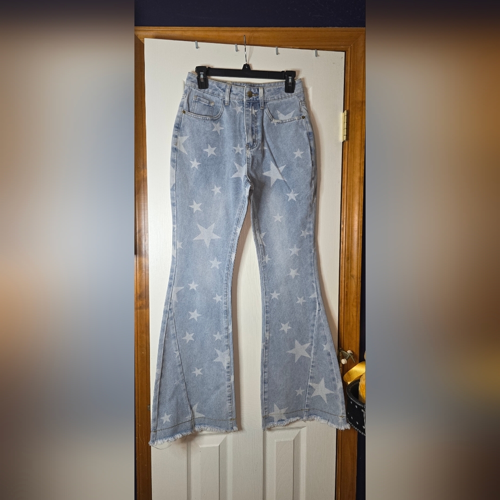 Women's S Blue Velvet Light Blue Star Flare Jeans Boho Hippie Cowgirl Rodeo
